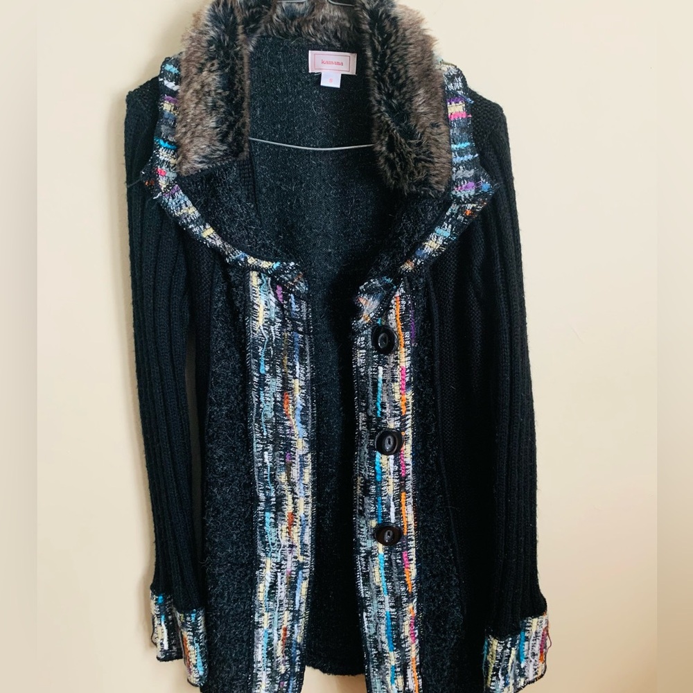 Black Cardigan with Colorful Trim and Faux Fur Collar